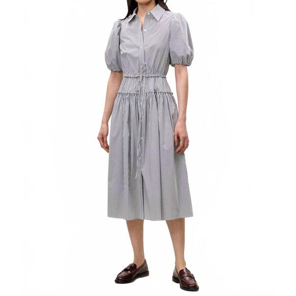 NEW REBECCA TAYLOR striped poplin puff sleeve shirt dress in blue
